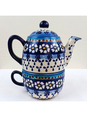 Wisa Poland Unikat Polish Pottery Teapot with Cup Blue Floral Stackable Set READ
